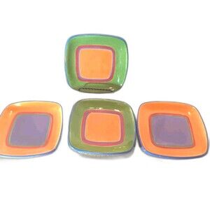 Set of 4 Dansk Handpainted 7" Square Salad Appetizer Plates Colorful Abstract...